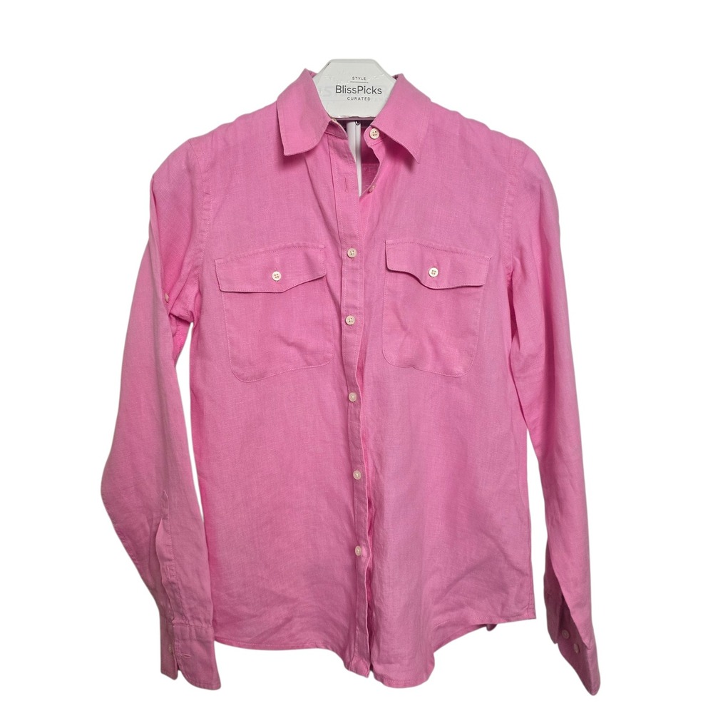 Lauren Ralph Lauren Pink Linen Button Down Shirt S Dual Pocket Preppy Coastal